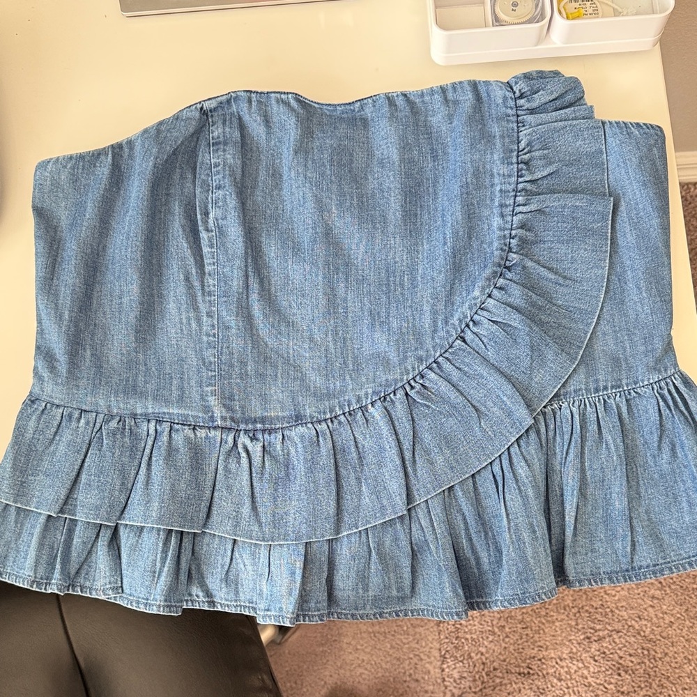 Express Blue Ruffle Denim Top - Picture 3 of 3